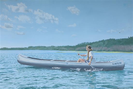 John Crosfield, oil on canvas, Canoeist on a lake, signed and dated 74, 60 x 91cm. unframed